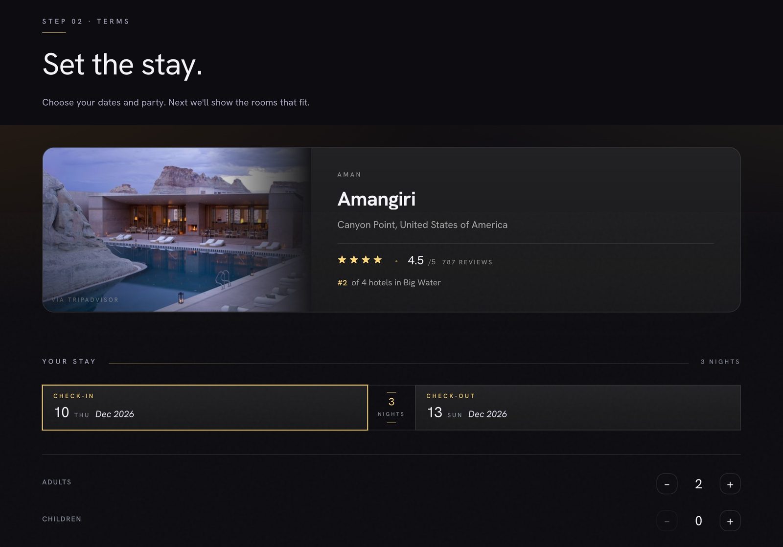 Step two of Fermata's tracking flow, Set the stay: the Amangiri property card with its rating and rank, then check-in Thursday 10 December 2026, check-out Sunday 13 December 2026, three nights, two adults.