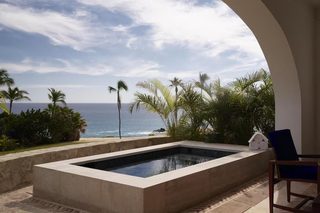A pool with a view of the ocean, surrounded by palm trees and a chair.