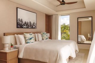 A hotel bedroom with a large bed, a ceiling fan, a nightstand with a lamp, a framed picture, and a view of palm trees through the window.