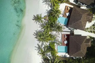 An aerial view of a beachfront property with multiple rooms, a swimming pool, and palm trees.