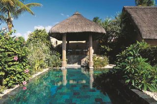 A pool area with a thatched-roof structure, surrounded by lush greenery and palm trees.