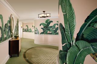 A hallway with a green carpet, a round rug, and a wall with large tropical leaf patterns.