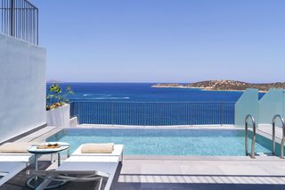 An infinity pool with a clear view of the sea and a distant island.